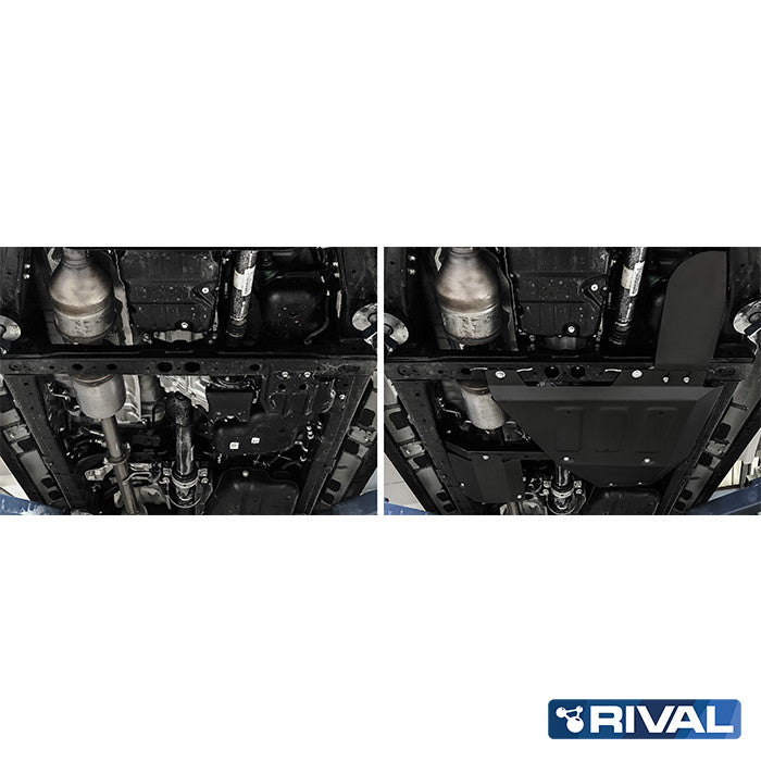 Toyota Hilux Revo – Transfer Case, AdBlue & Oxygen Sensor RIVAL 4x4 transfer case skid plate – underbody protection installed view