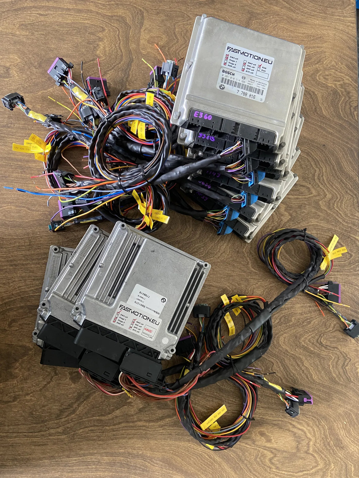 Electrical components with wiring on a wooden surface