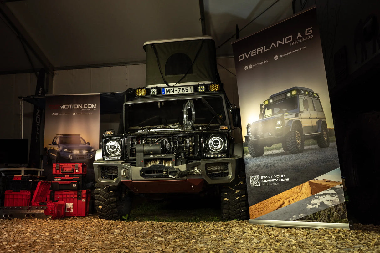 Overland-G aluminum front bumper on Mercedes-Benz G-Class static display at Abenteuer Allrad