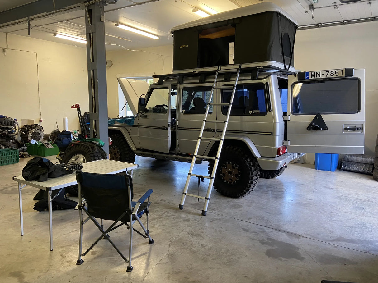 Overland-G expedition roof rack during installation in FastMotion workshop