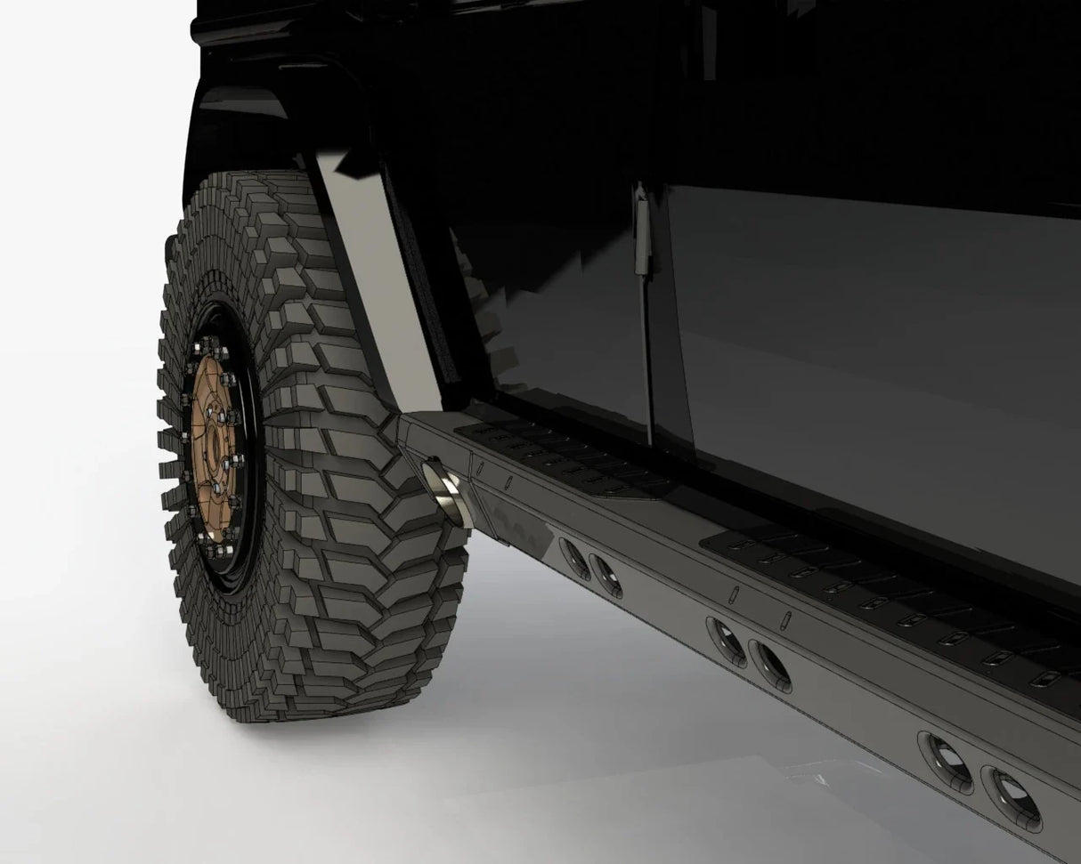 Overland-G heavy duty aluminum rock sliders 3D product render showing full profile
