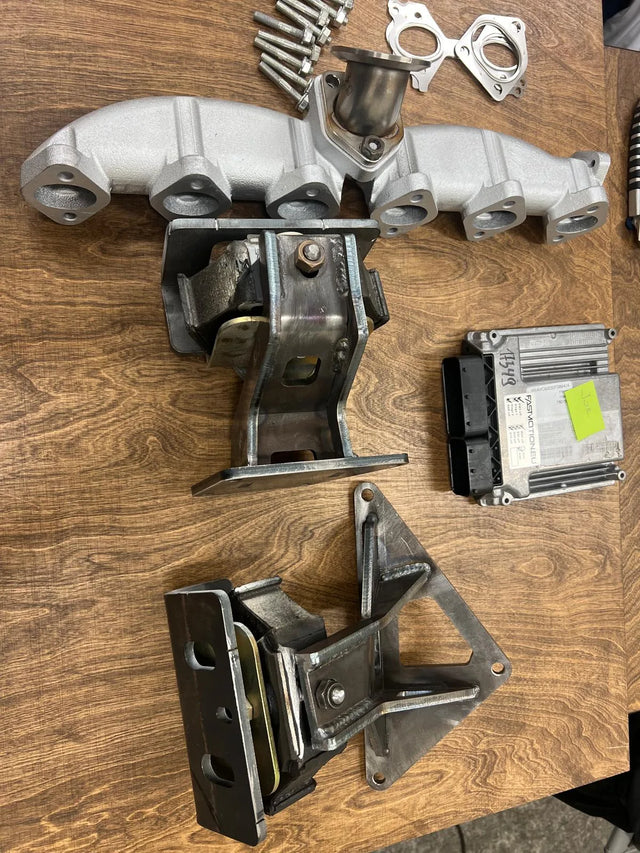 Mechanical parts on a wooden surface