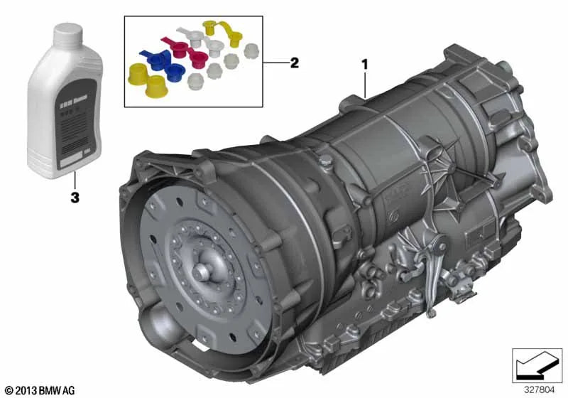 Automotive transmission with a bottle and color swatches on a white background