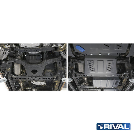 Nissan Navara NP300 (D23) RIVAL 4x4 gearbox skid plate – underbody protection installed view