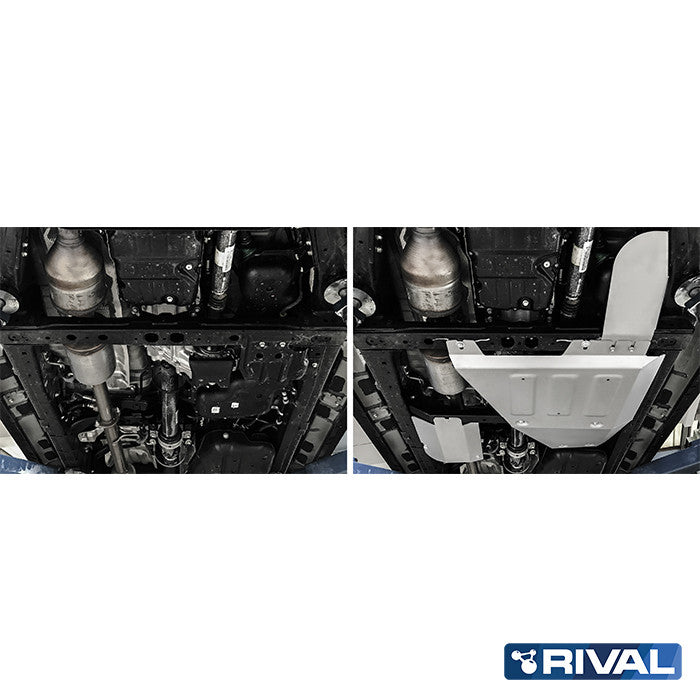 Toyota Hilux Revo – Transfer Case, AdBlue & Oxygen Sensor RIVAL 4x4 transfer case skid plate – underbody protection installed view