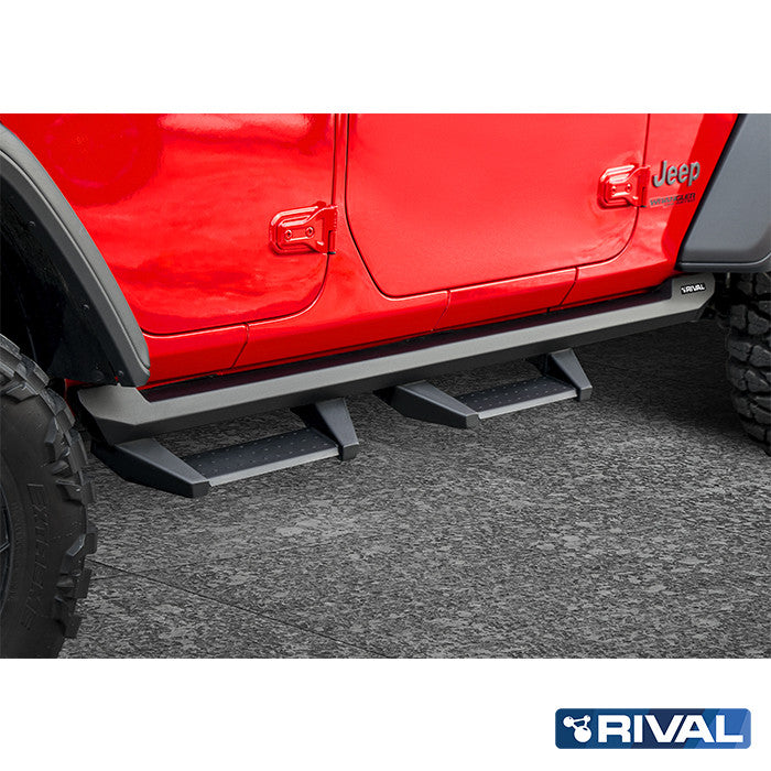 Jeep Wrangler JL / JT RIVAL 4x4 Side Rock Rails with Drop Steps for Jeep Wrangler JL / JT – installed view