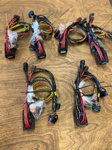 Set of electronic wiring harnesses on a wooden surface