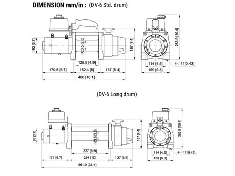 ComeUp DV6 electric winch dimensions diagram – technical size overview