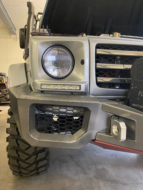 Overland-G aluminum front bumper test fit on G-Class with painted color-matched finish