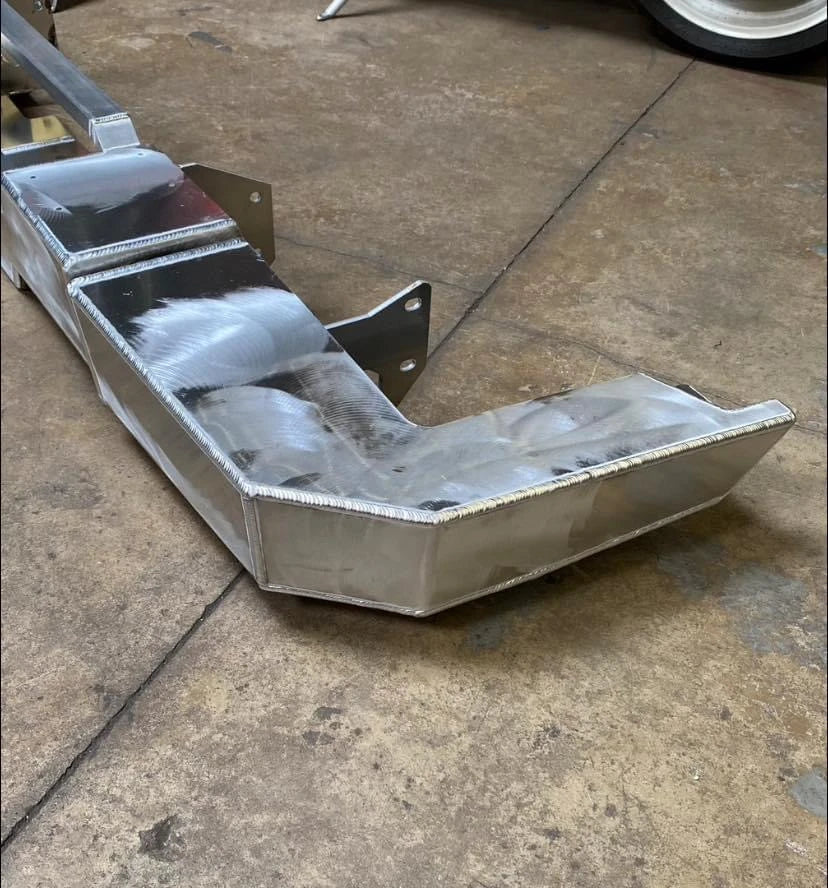 Corner section detail of Overland-G aluminum rear bumper during fabrication