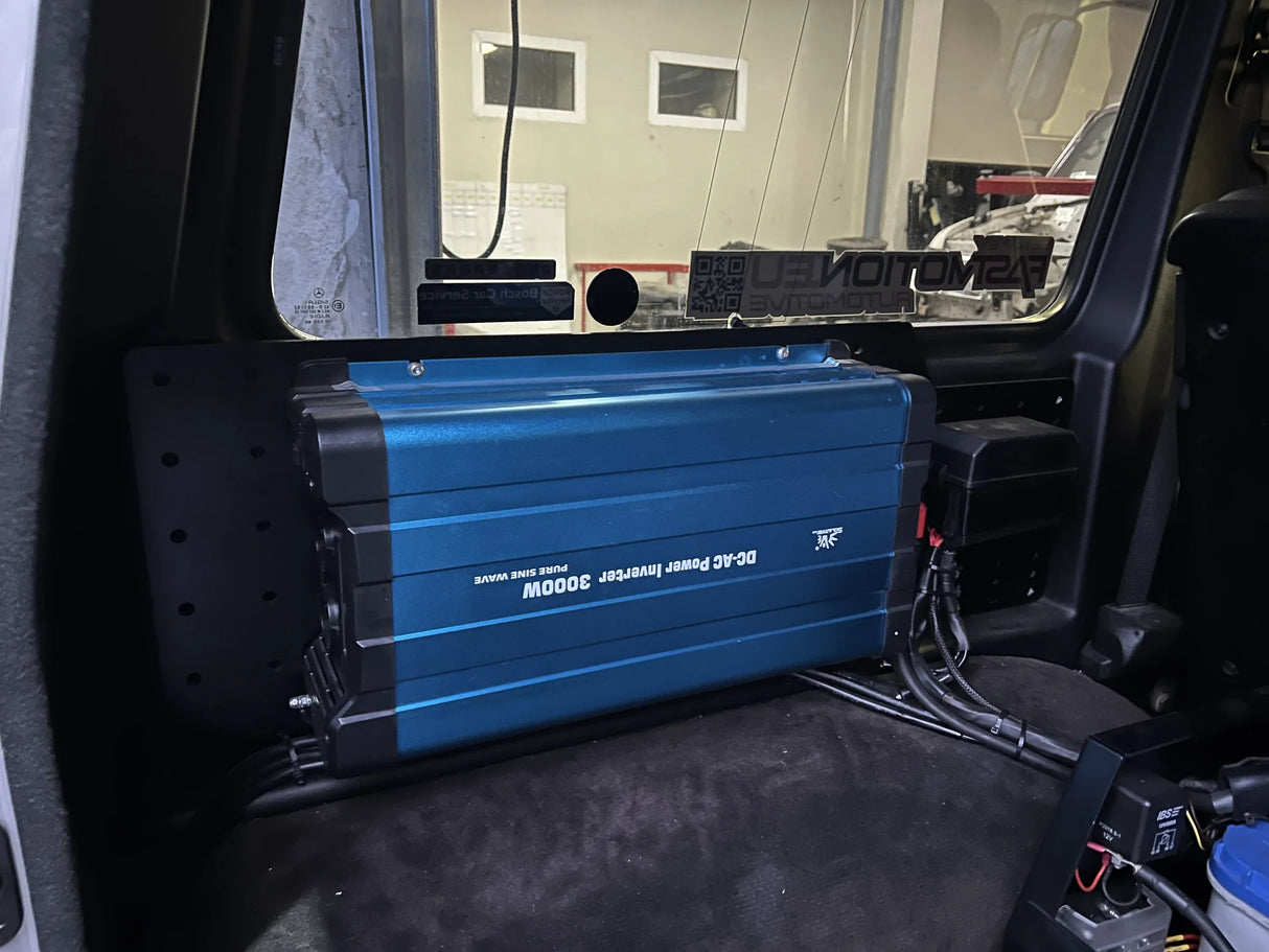 Overland-G dual battery storage box with inverter installed showing electrical connections