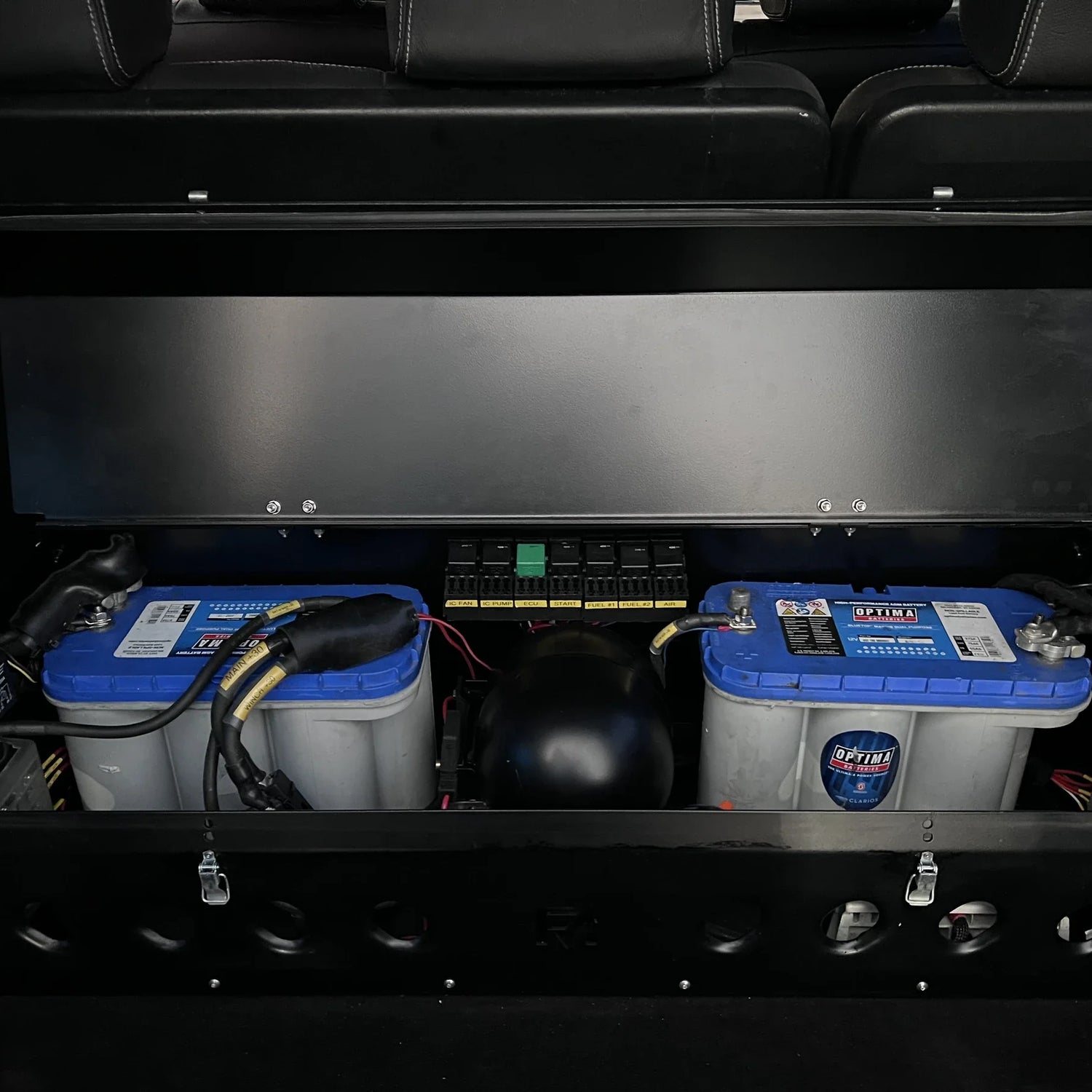 Overland-G dual battery storage box open interior