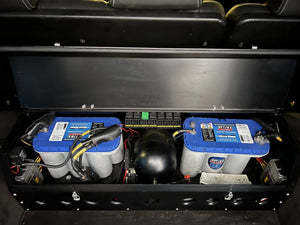 Overland-G dual battery wiring kit showing cables, fuses and terminal components