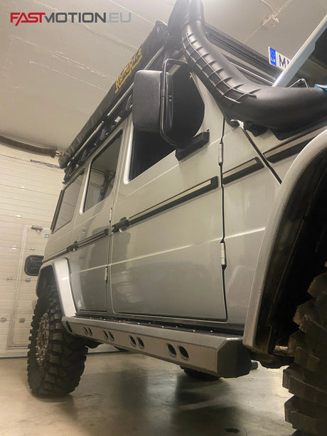 Overland-G heavy duty aluminum rock sliders installed on Mercedes-Benz G-Class W463