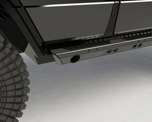 Overland-G heavy duty aluminum rock sliders render with exhaust