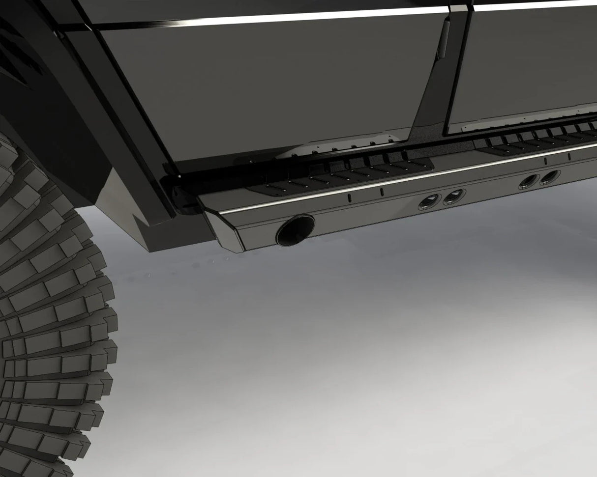 Overland-G aluminum rock sliders 3D render showing exhaust routing and clearance