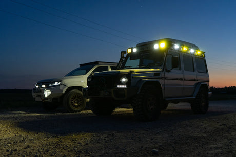Overland-G perimeter lighting kit illuminated at night showing full perimeter coverage