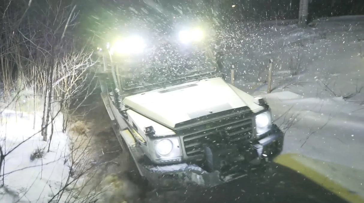 Overland-G perimeter lighting kit close detail in winter conditions showing weatherproofing