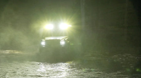 Overland-G roof LED light bar kit illuminated during donuts action showing beam output
