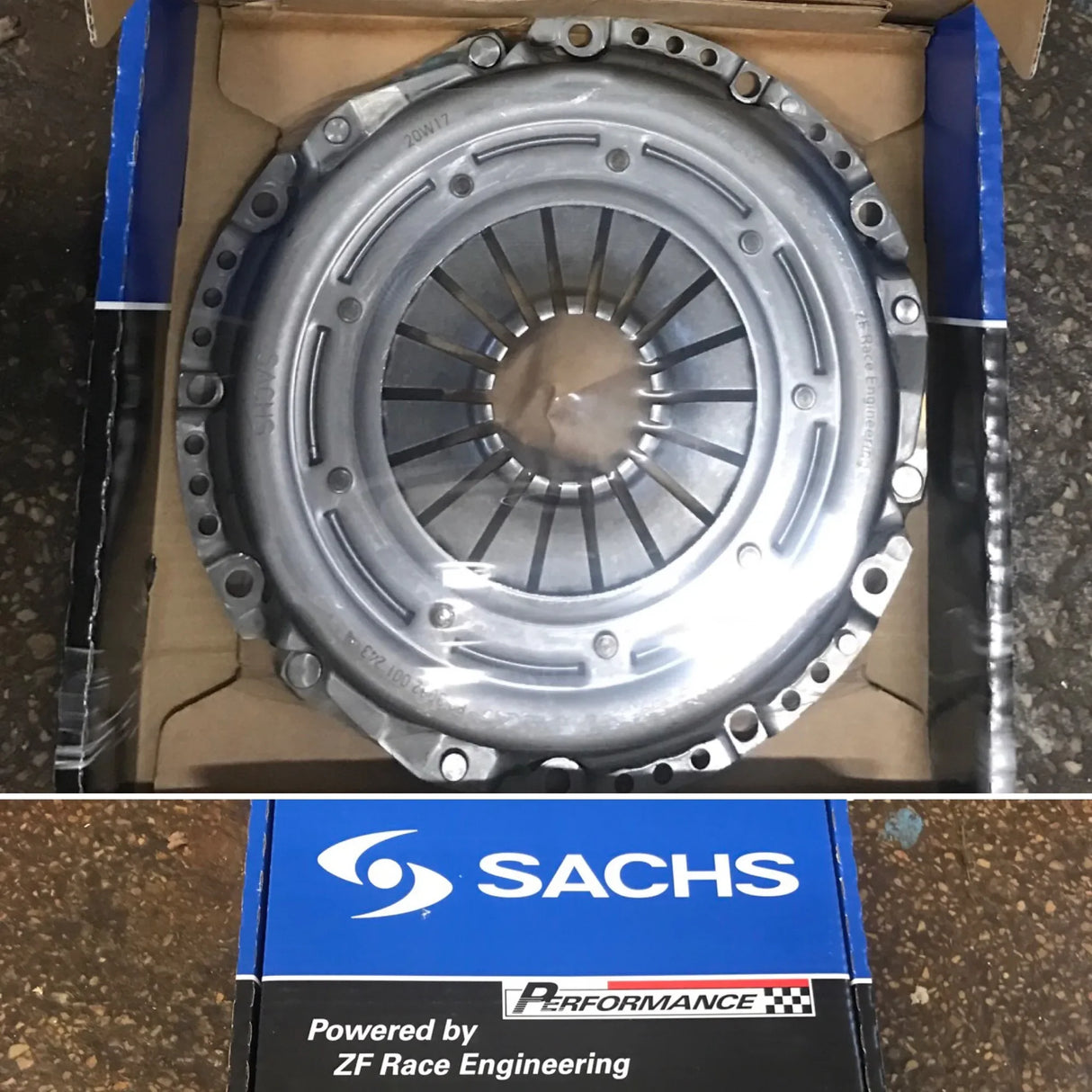 Clutch plate on a cardboard box with Sachs branding