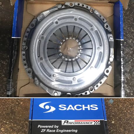 Clutch plate on a cardboard box with Sachs branding